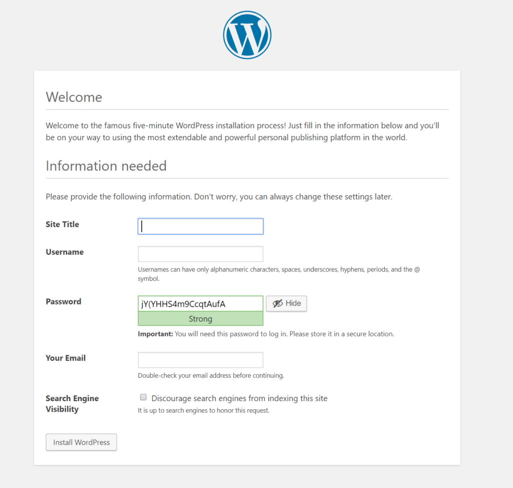 WordPress Installation Page